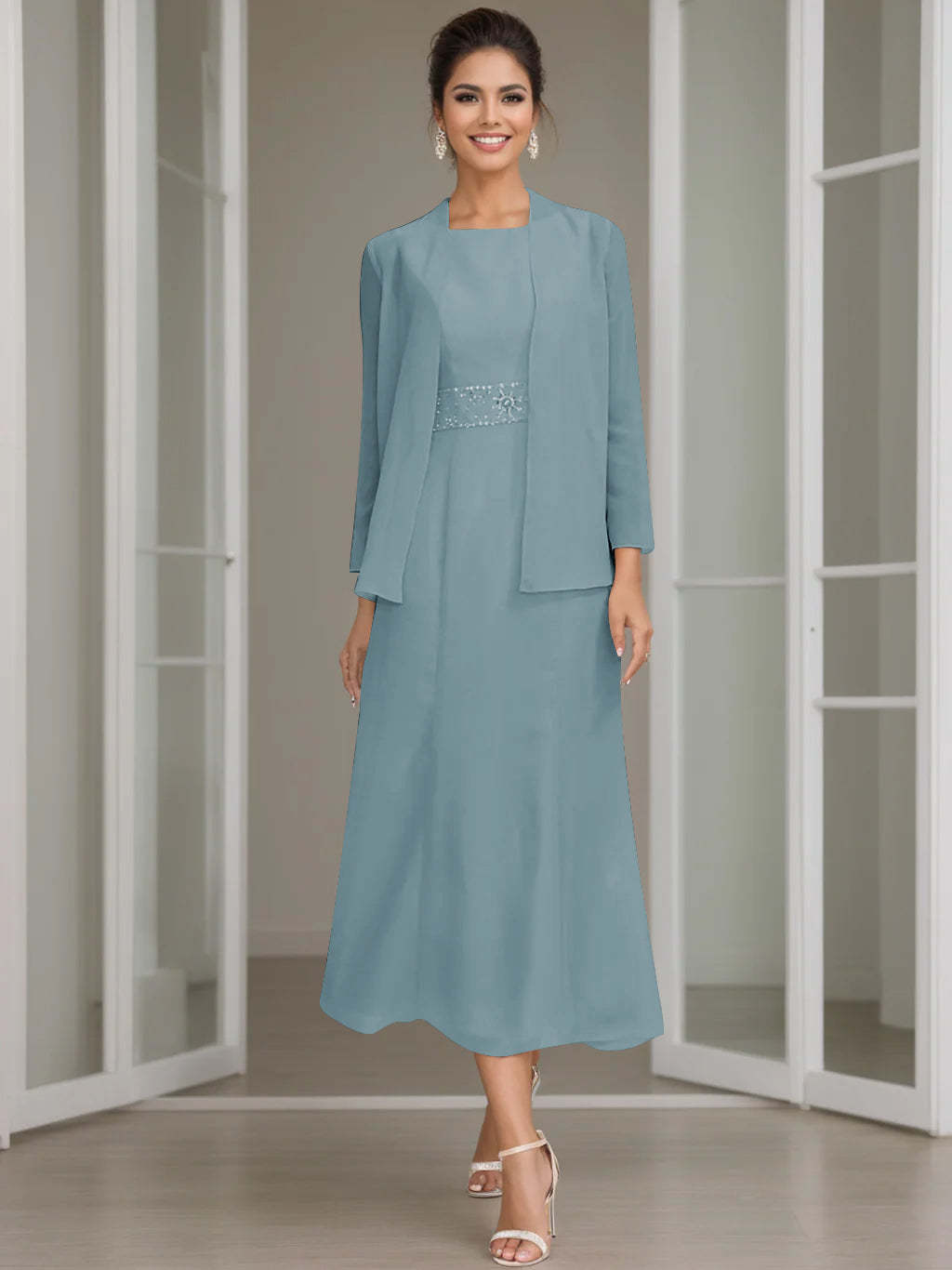 Tea-Length Mother of the Bride Sheath Dress with Beaded Jacket