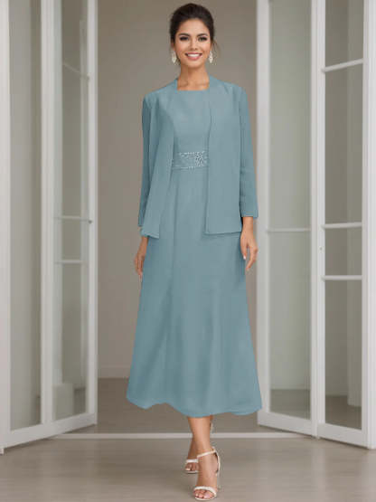 Tea-Length Mother of the Bride Sheath Dress with Beaded Jacket