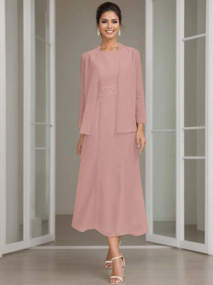 Tea-Length Mother of the Bride Sheath Dress with Beaded Jacket