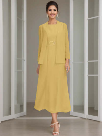 Tea-Length Mother of the Bride Sheath Dress with Beaded Jacket