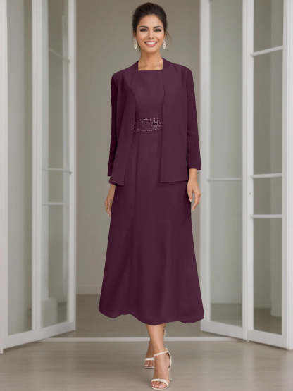 Tea-Length Mother of the Bride Sheath Dress with Beaded Jacket