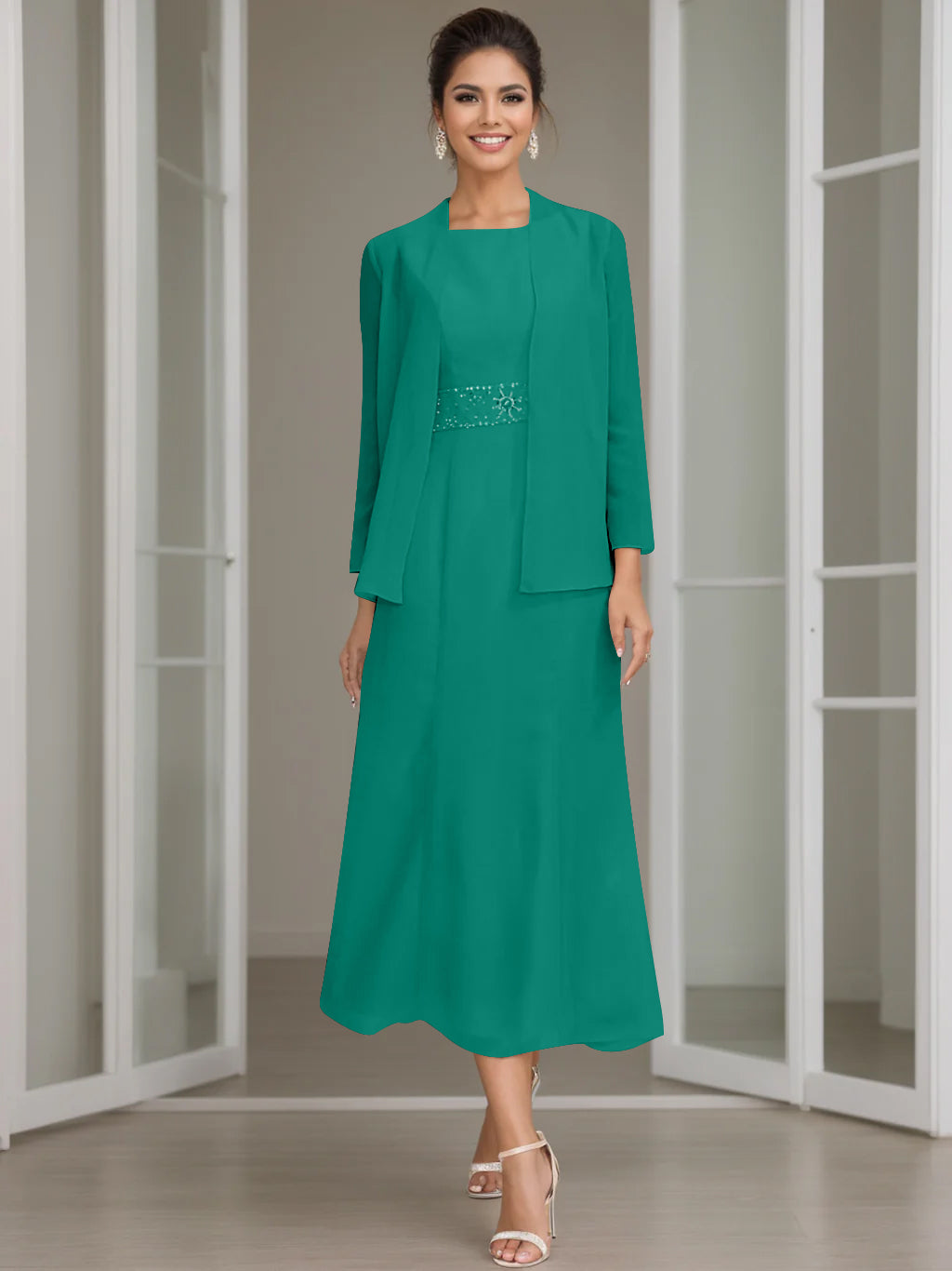 Tea-Length Mother of the Bride Sheath Dress with Beaded Jacket