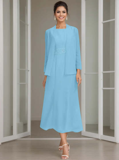 Tea-Length Mother of the Bride Sheath Dress with Beaded Jacket