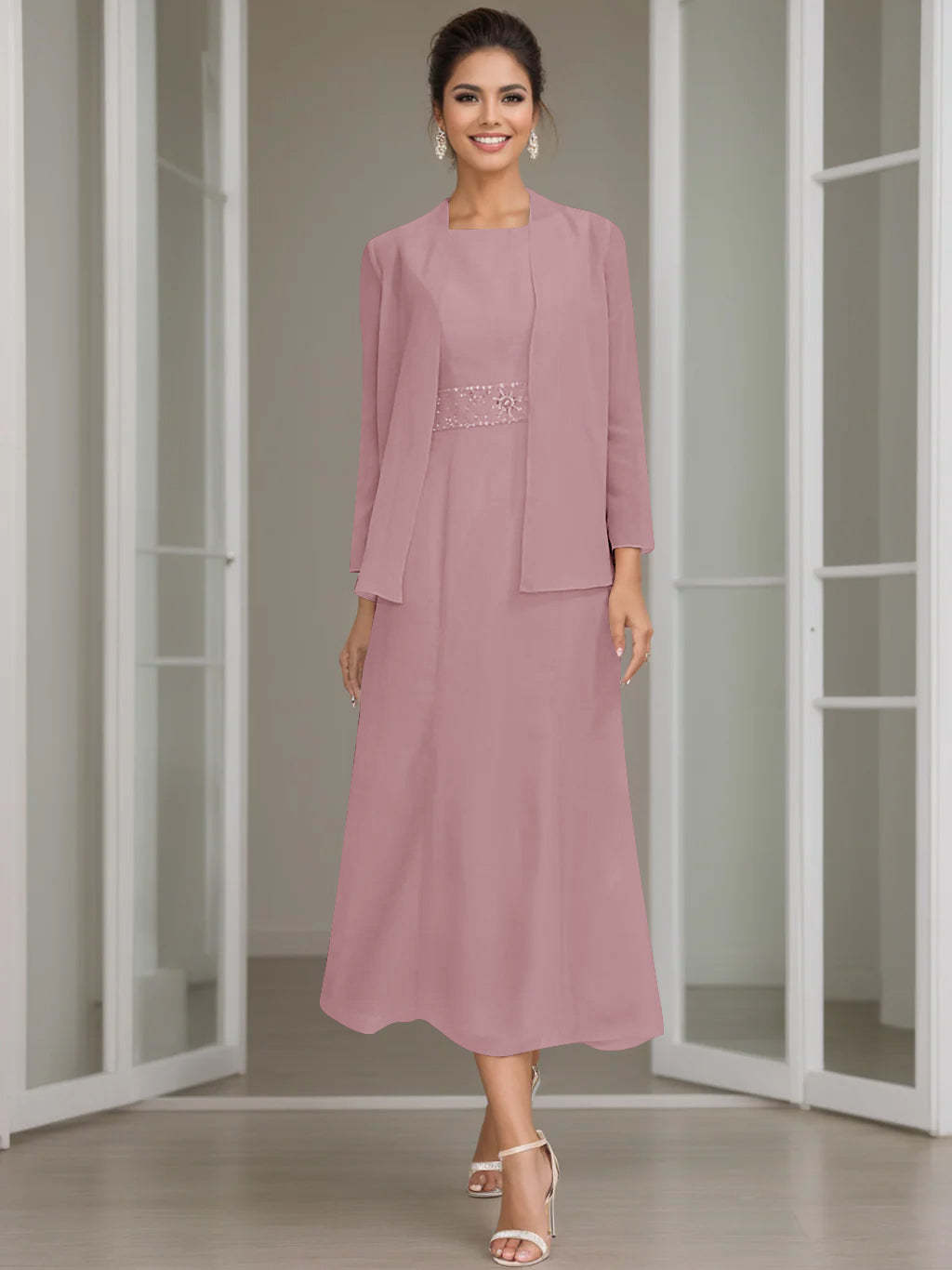 Tea-Length Mother of the Bride Sheath Dress with Beaded Jacket