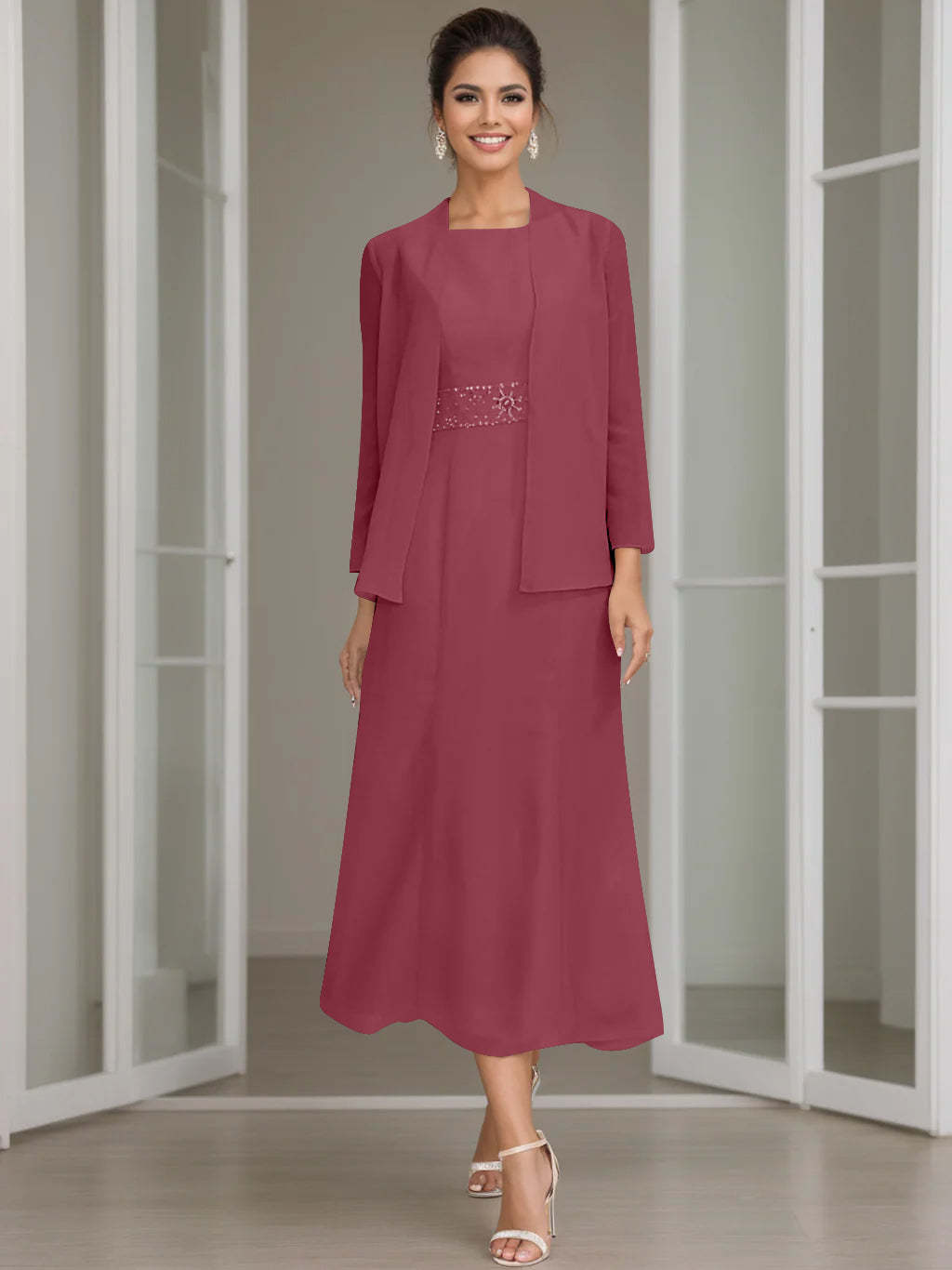 Tea-Length Mother of the Bride Sheath Dress with Beaded Jacket