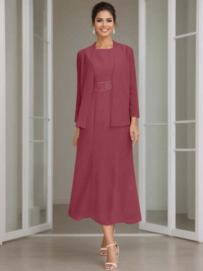 Tea-Length Mother of the Bride Sheath Dress with Beaded Jacket