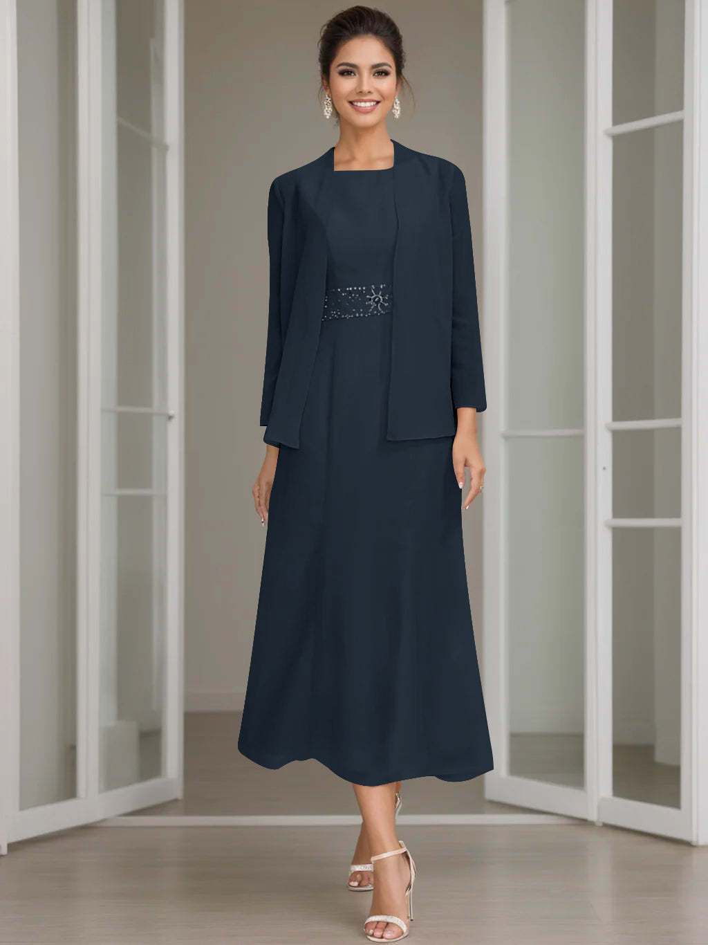 Tea-Length Mother of the Bride Sheath Dress with Beaded Jacket