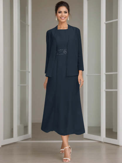 Tea-Length Mother of the Bride Sheath Dress with Beaded Jacket