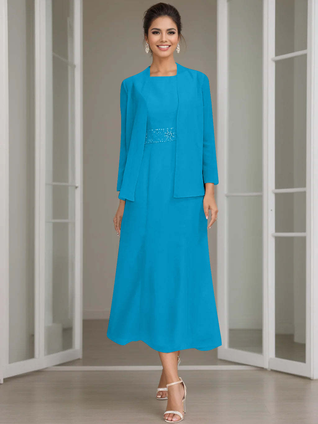 Tea-Length Mother of the Bride Sheath Dress with Beaded Jacket