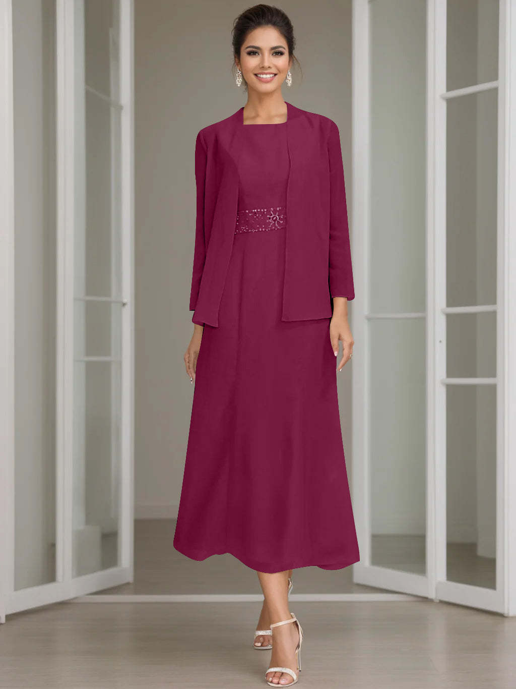 Tea-Length Mother of the Bride Sheath Dress with Beaded Jacket