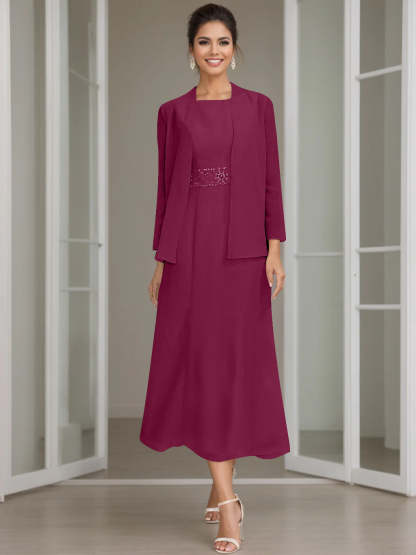 Tea-Length Mother of the Bride Sheath Dress with Beaded Jacket