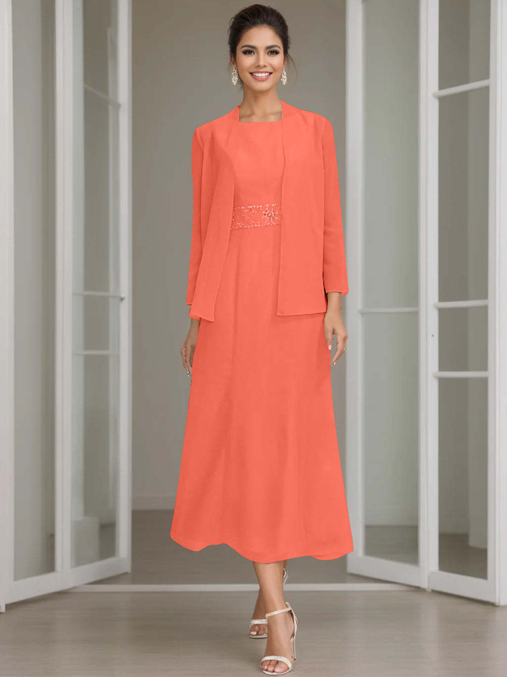 Tea-Length Mother of the Bride Sheath Dress with Beaded Jacket