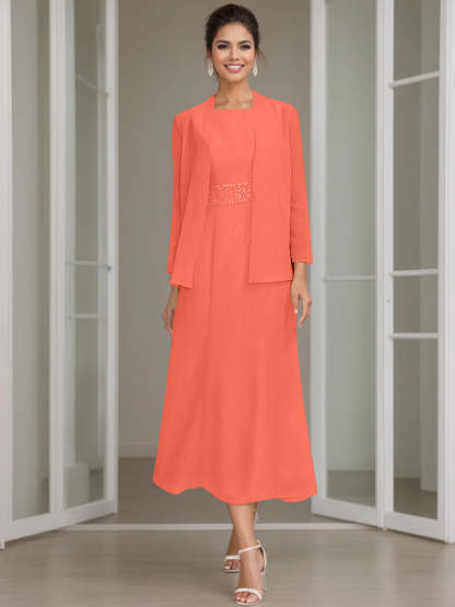 Tea-Length Mother of the Bride Sheath Dress with Beaded Jacket