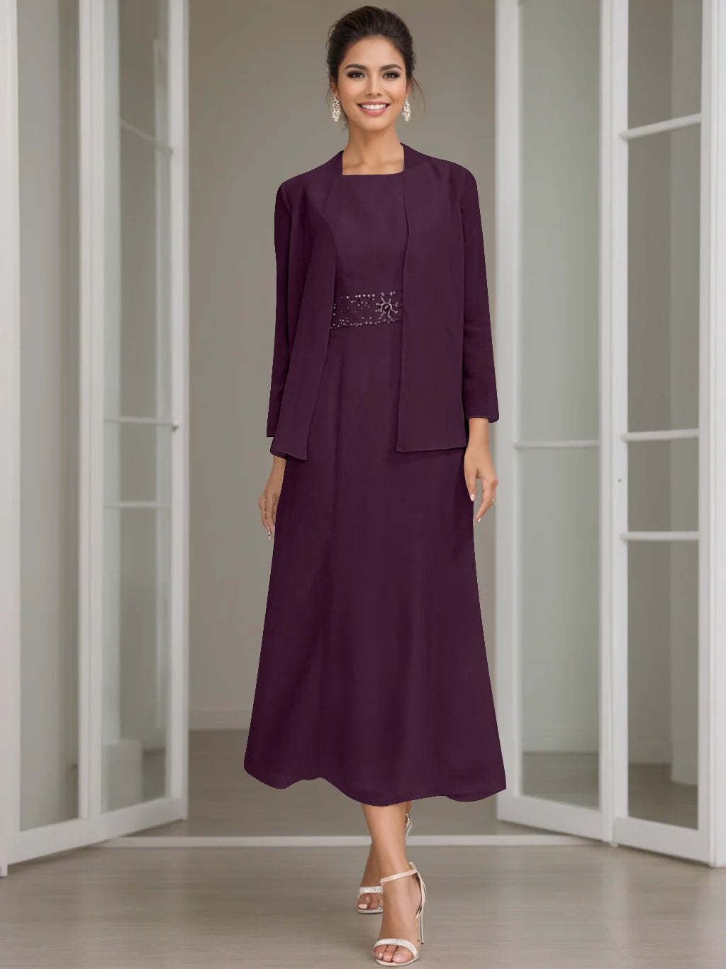 Tea-Length Mother of the Bride Sheath Dress with Beaded Jacket