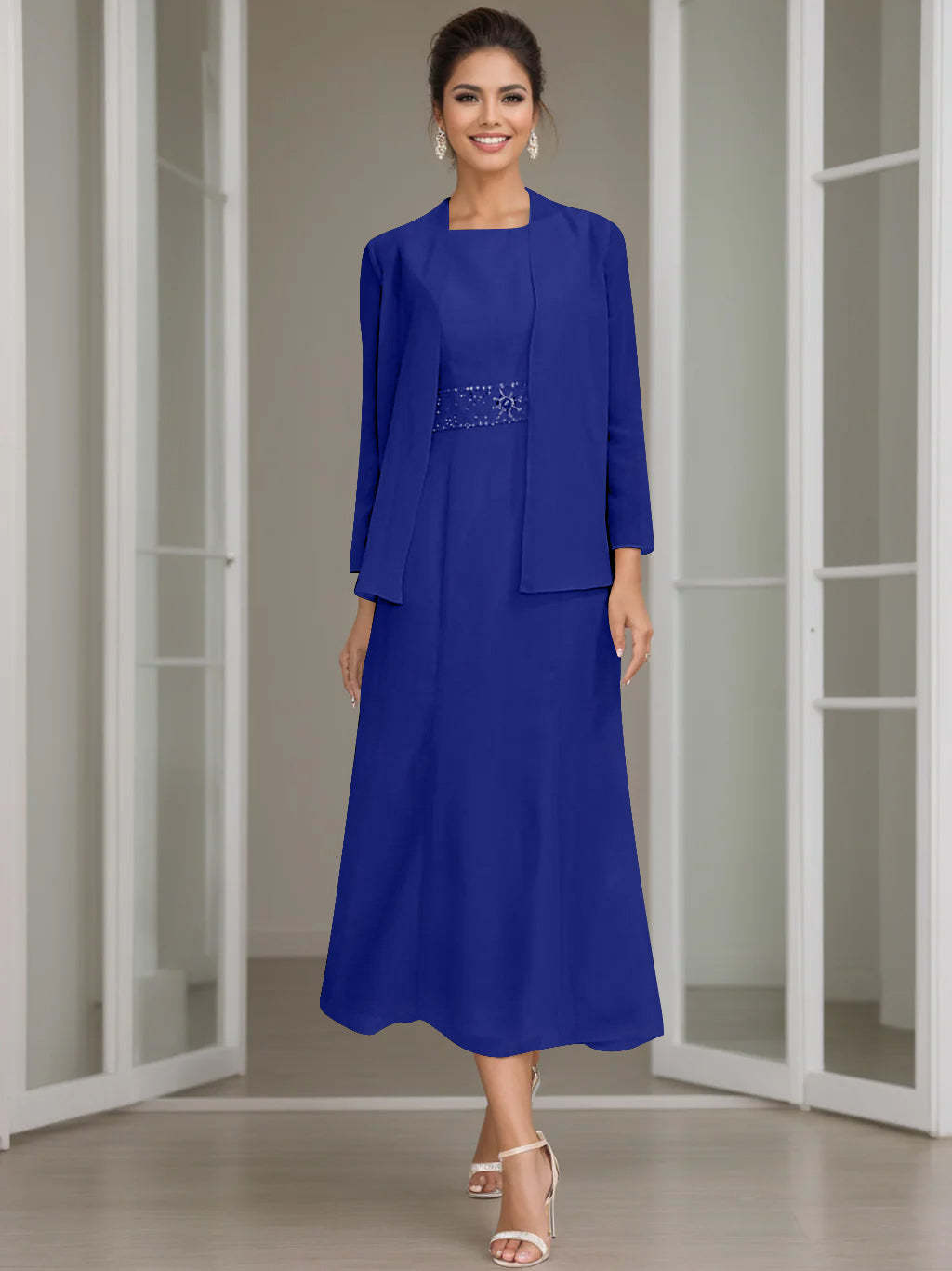 Tea-Length Mother of the Bride Sheath Dress with Beaded Jacket