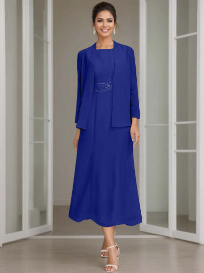 Tea-Length Mother of the Bride Sheath Dress with Beaded Jacket