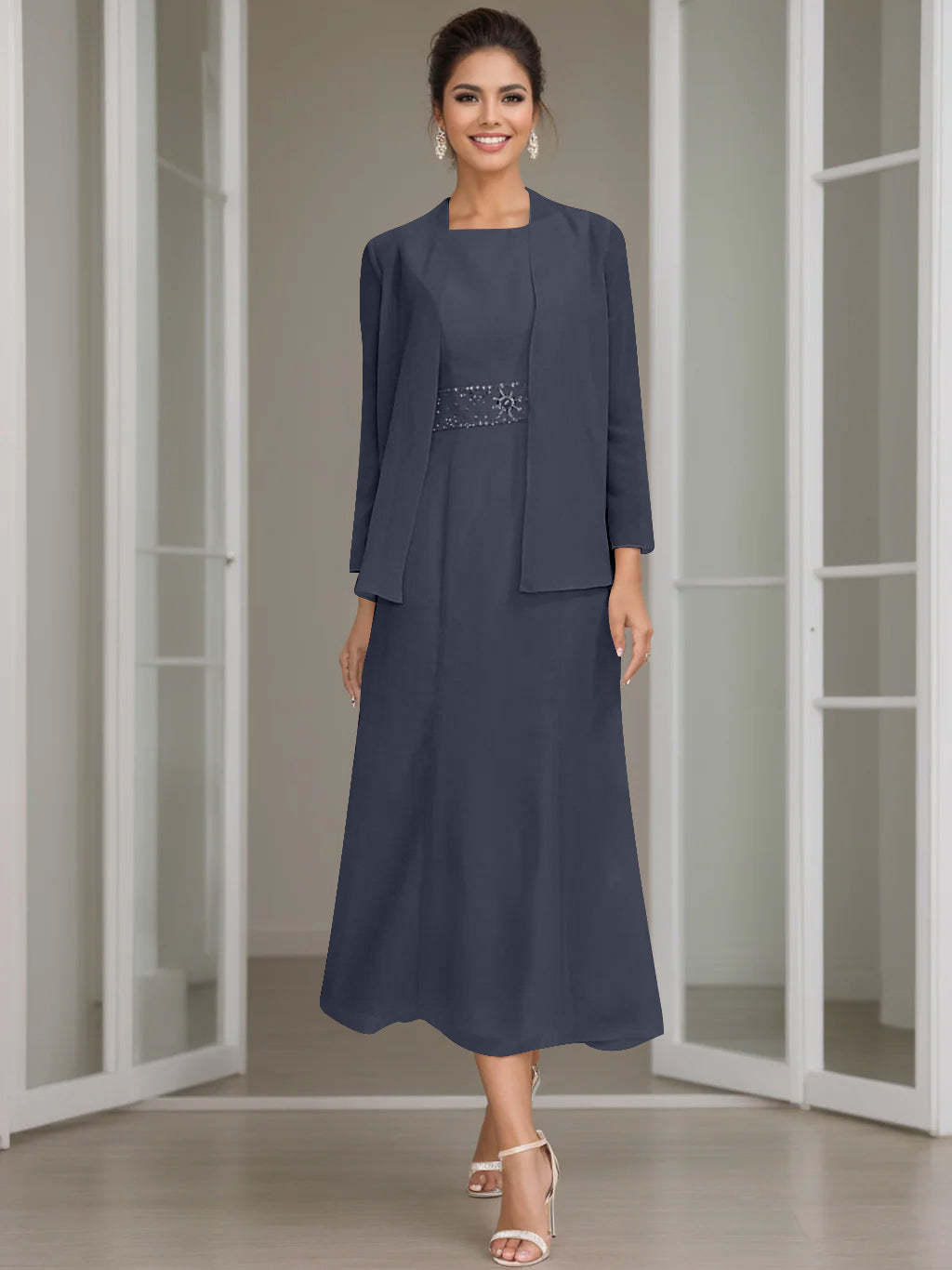 Tea-Length Mother of the Bride Sheath Dress with Beaded Jacket