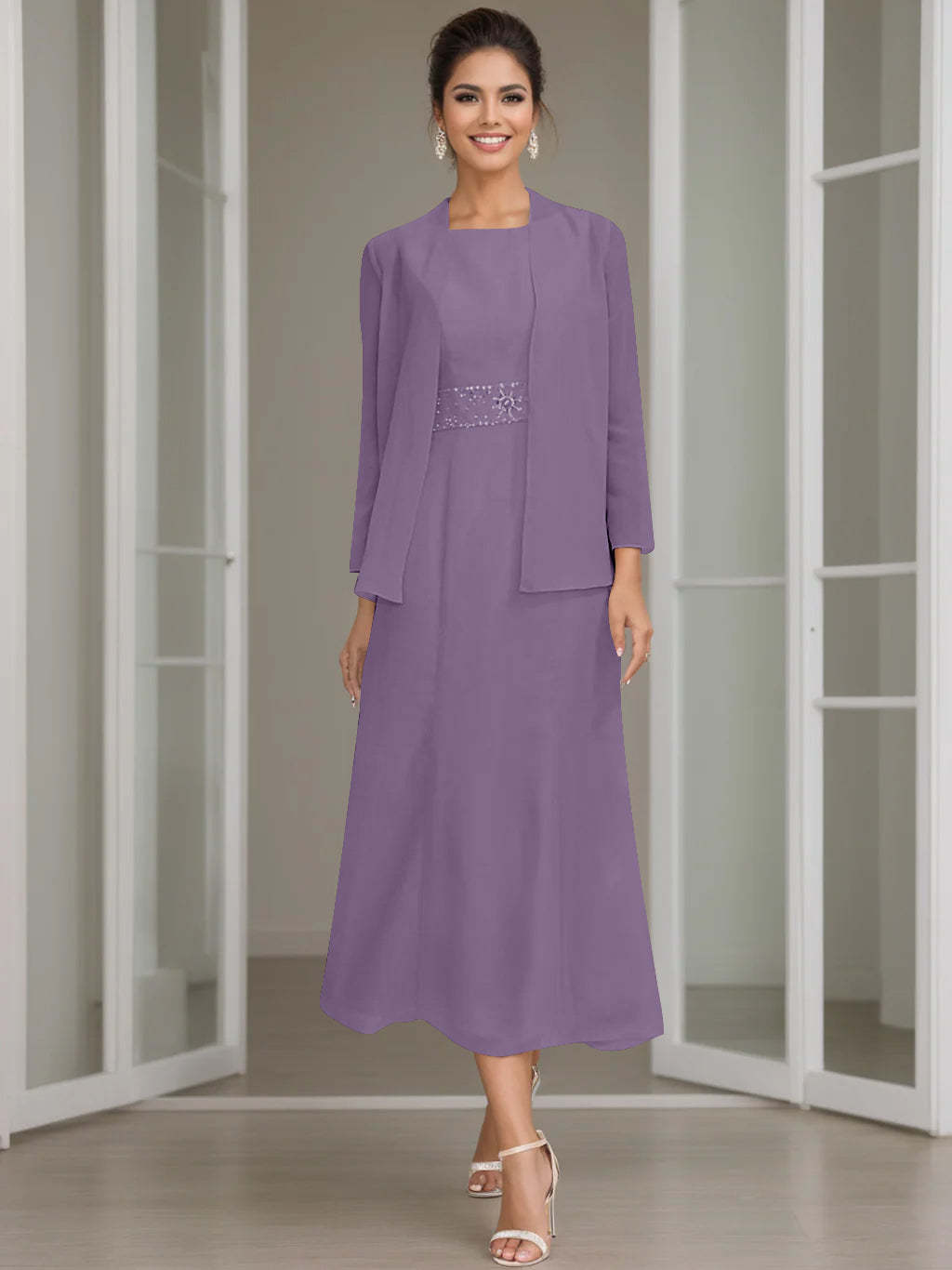 Tea-Length Mother of the Bride Sheath Dress with Beaded Jacket