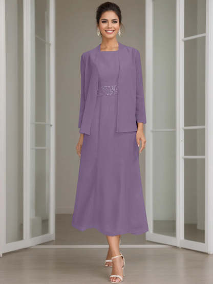 Tea-Length Mother of the Bride Sheath Dress with Beaded Jacket