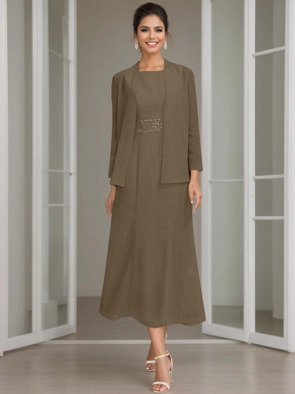 Tea-Length Mother of the Bride Sheath Dress with Beaded Jacket