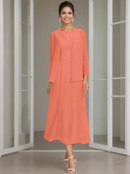 Tea-Length Mother of the Bride Sheath Dress with Beaded Jacket