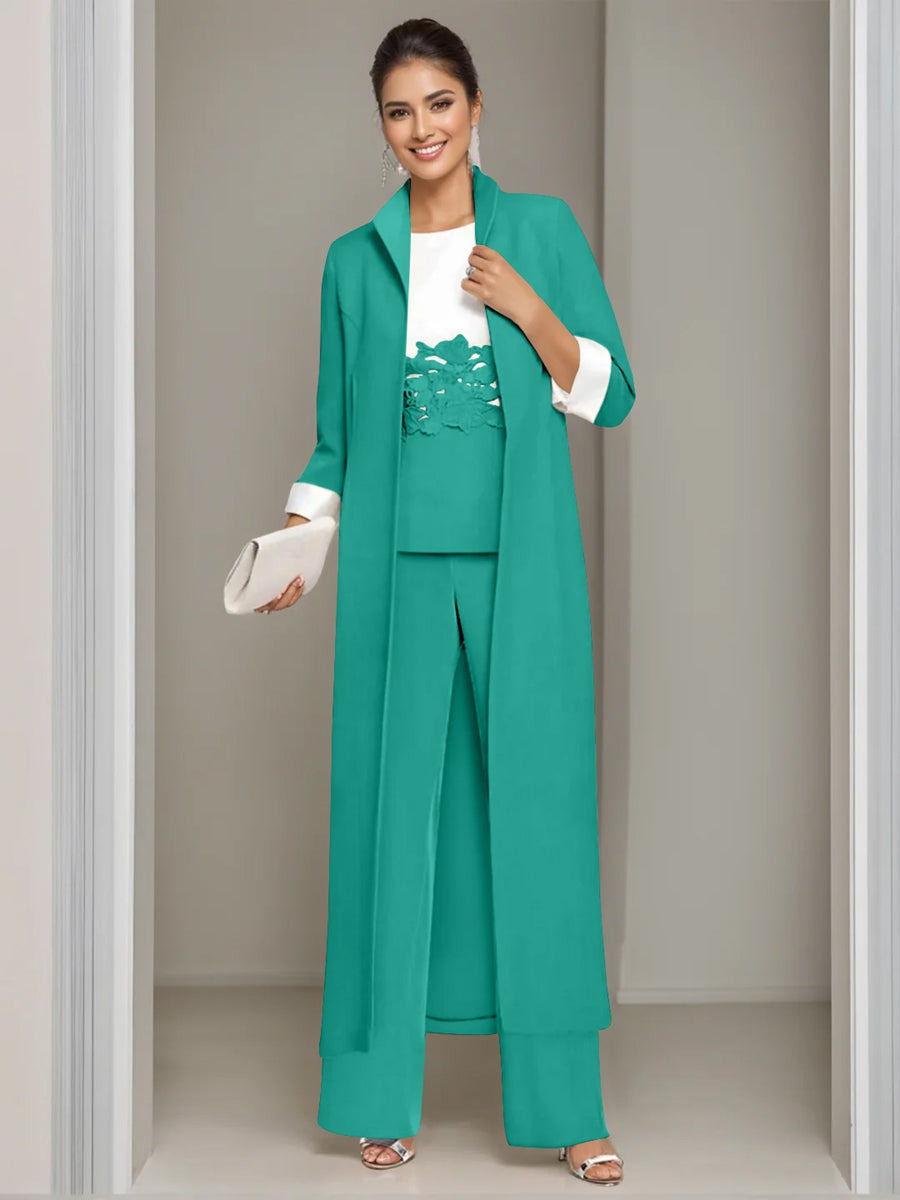 Ankle-Length Mother of the Bride Pantsuits in 3 Pieces Featuring Square Neck Jacket & Lace Appliques