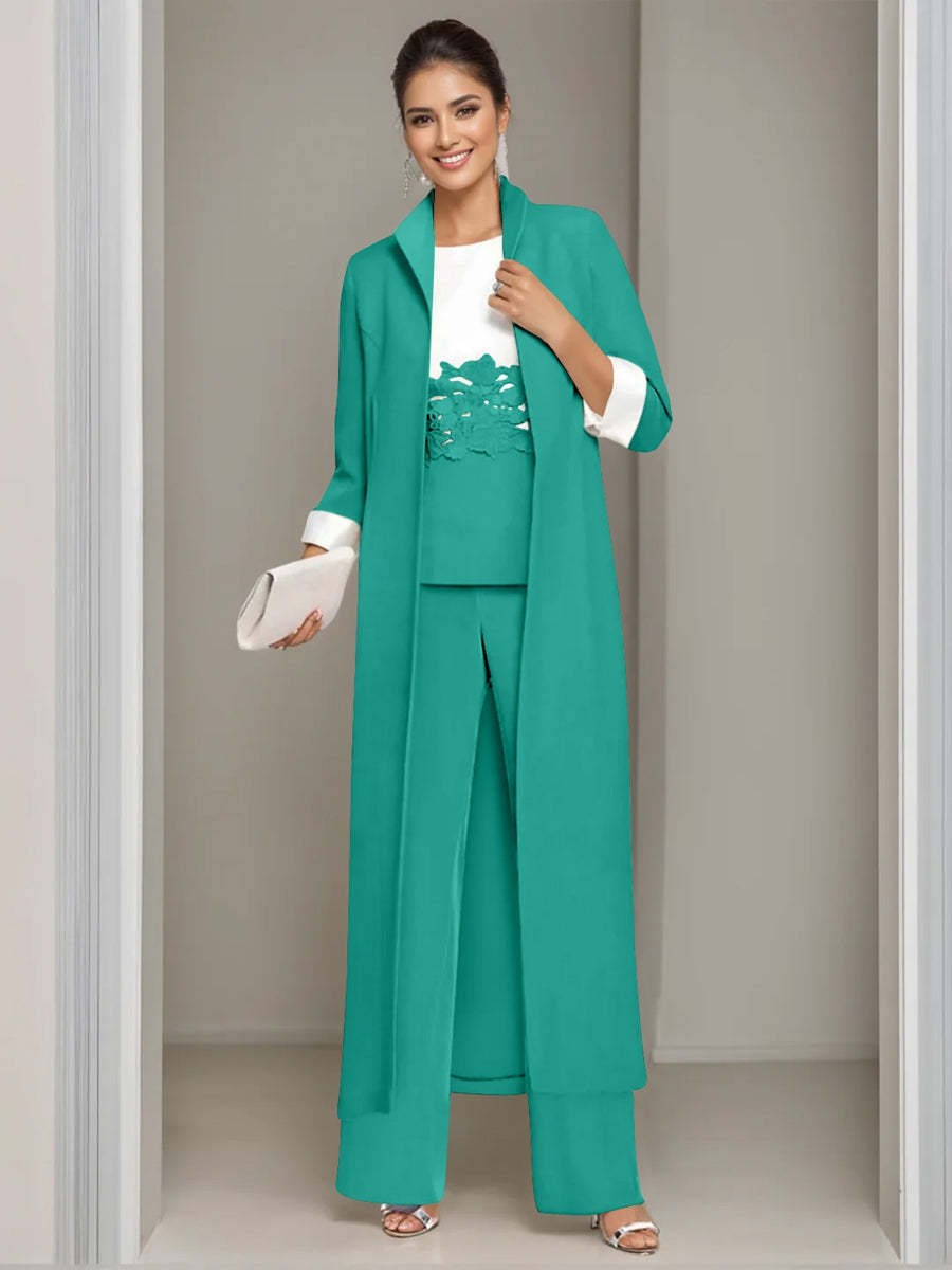 Ankle-Length Mother of the Bride Pantsuits in 3 Pieces Featuring Square Neck Jacket & Lace Appliques