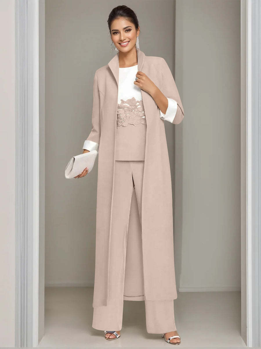 Ankle-Length Mother of the Bride Pantsuits in 3 Pieces Featuring Square Neck Jacket & Lace Appliques