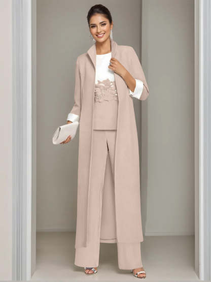 Ankle-Length Mother of the Bride Pantsuits in 3 Pieces Featuring Square Neck Jacket & Lace Appliques