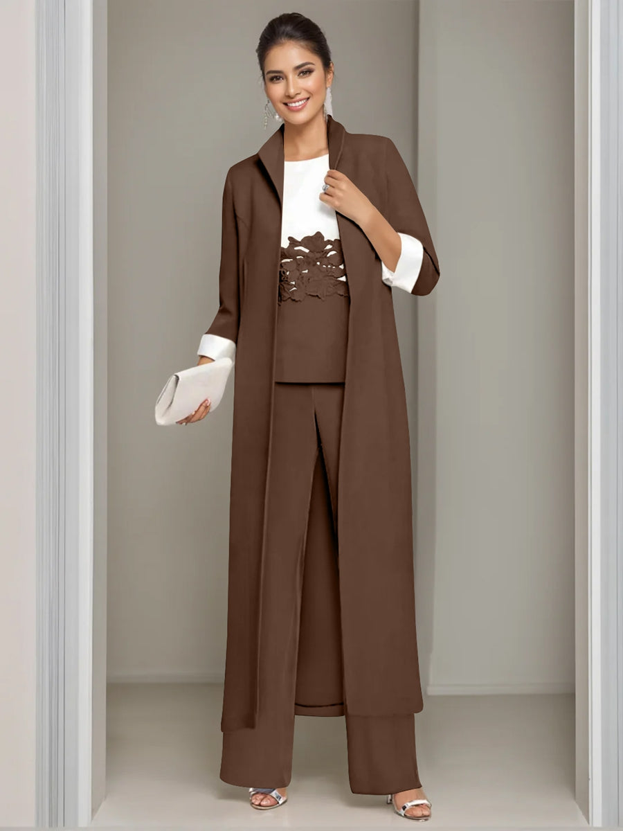Ankle-Length Mother of the Bride Pantsuits in 3 Pieces Featuring Square Neck Jacket & Lace Appliques