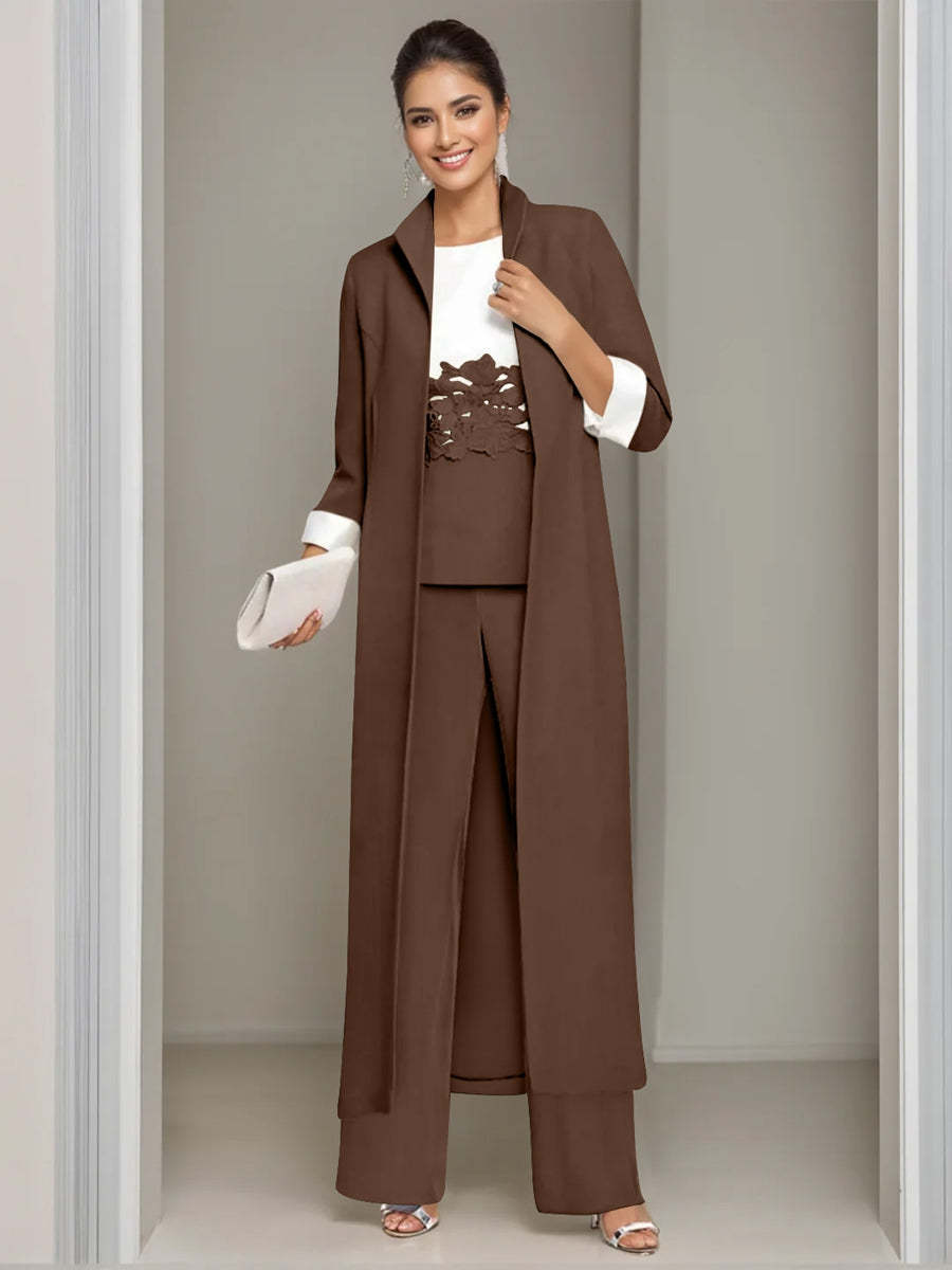 Ankle-Length Mother of the Bride Pantsuits in 3 Pieces Featuring Square Neck Jacket & Lace Appliques