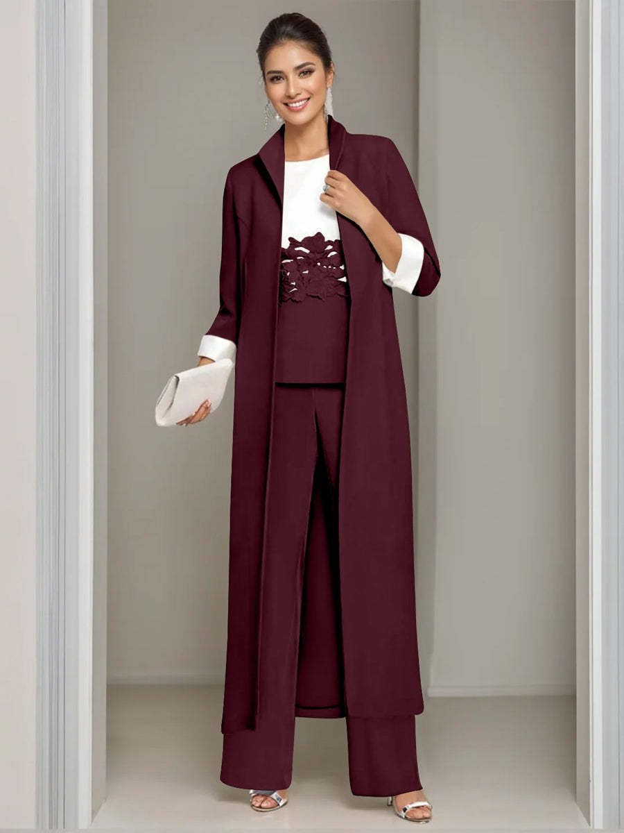 Ankle-Length Mother of the Bride Pantsuits in 3 Pieces Featuring Square Neck Jacket & Lace Appliques