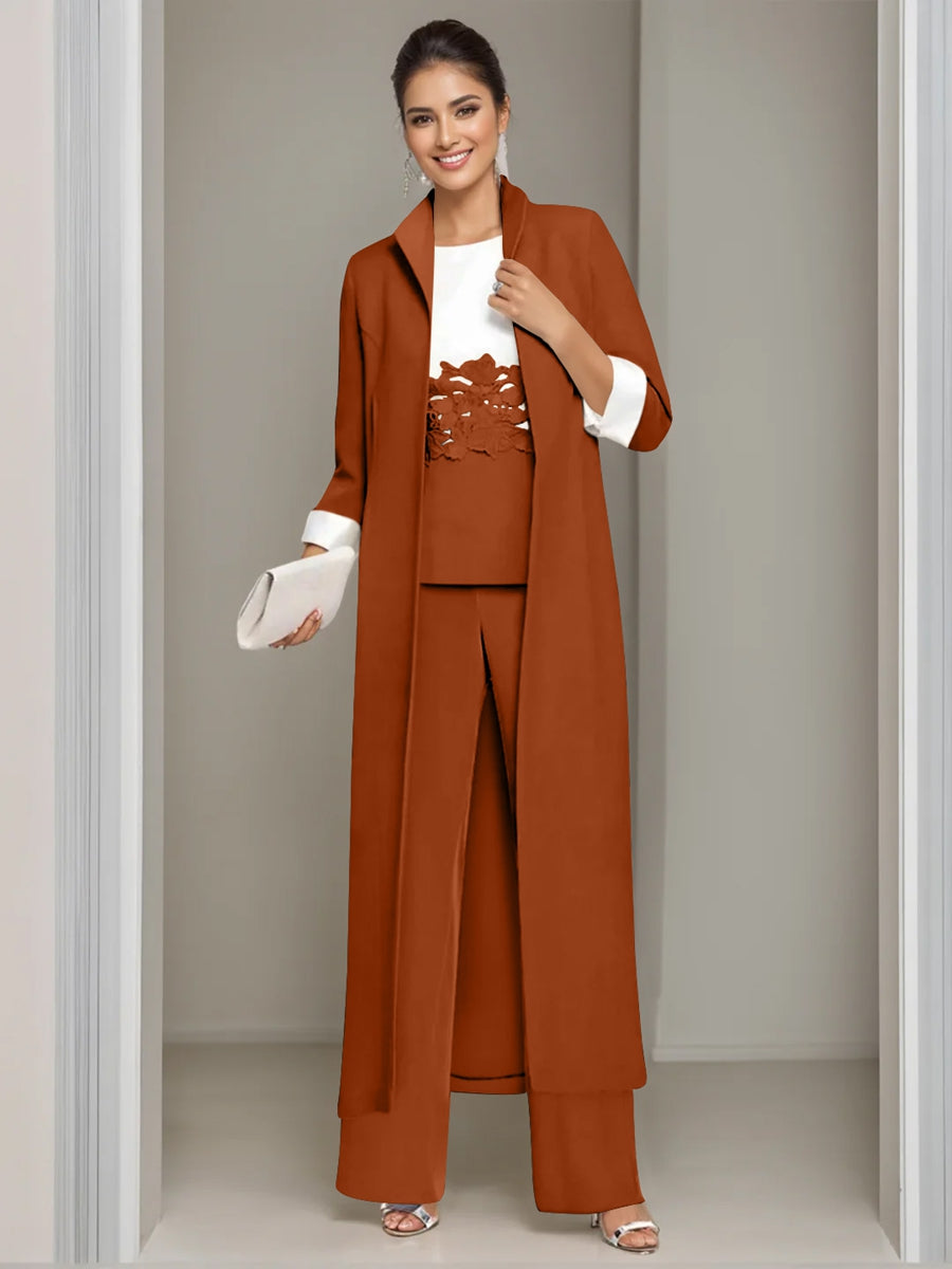 Ankle-Length Mother of the Bride Pantsuits in 3 Pieces Featuring Square Neck Jacket & Lace Appliques