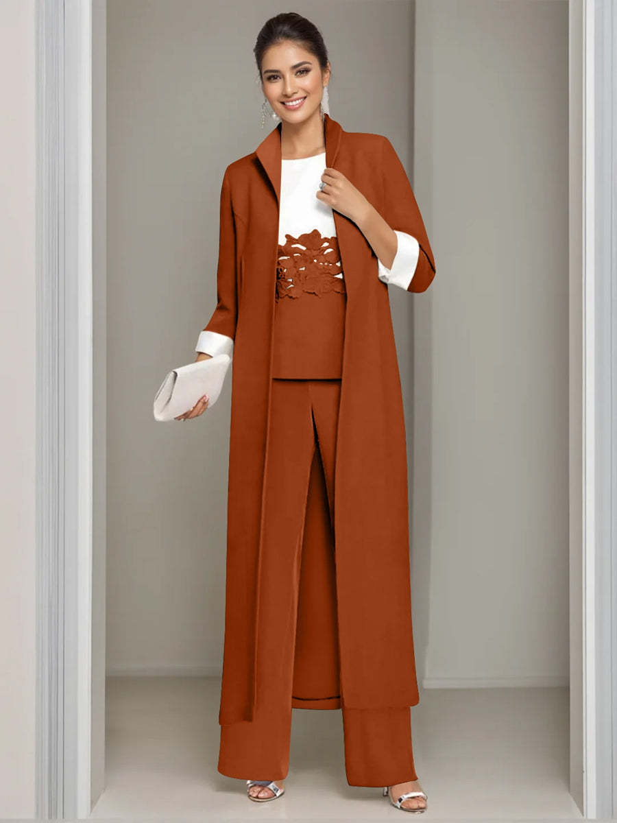 Ankle-Length Mother of the Bride Pantsuits in 3 Pieces Featuring Square Neck Jacket & Lace Appliques