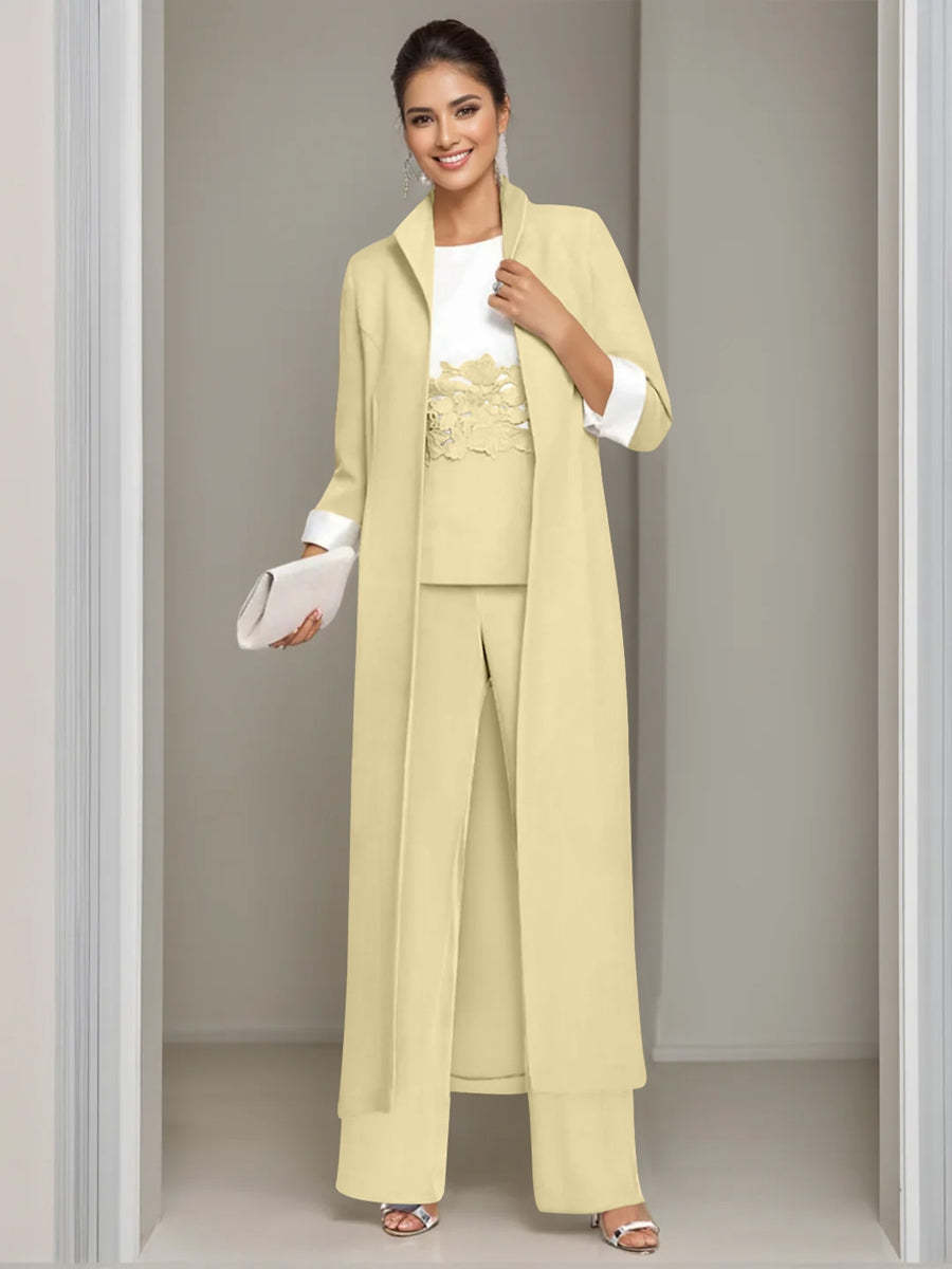 Ankle-Length Mother of the Bride Pantsuits in 3 Pieces Featuring Square Neck Jacket & Lace Appliques