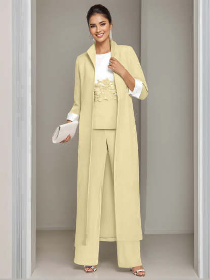 Ankle-Length Mother of the Bride Pantsuits in 3 Pieces Featuring Square Neck Jacket & Lace Appliques