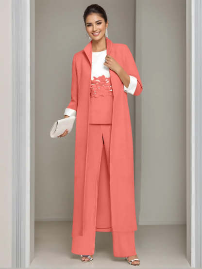 Ankle-Length Mother of the Bride Pantsuits in 3 Pieces Featuring Square Neck Jacket & Lace Appliques