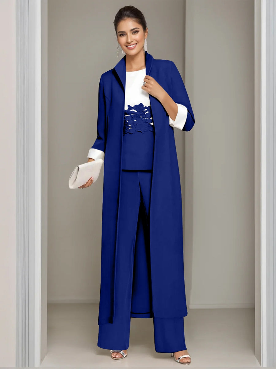 Ankle-Length Mother of the Bride Pantsuits in 3 Pieces Featuring Square Neck Jacket & Lace Appliques