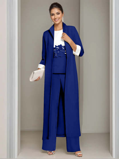 Ankle-Length Mother of the Bride Pantsuits in 3 Pieces Featuring Square Neck Jacket & Lace Appliques