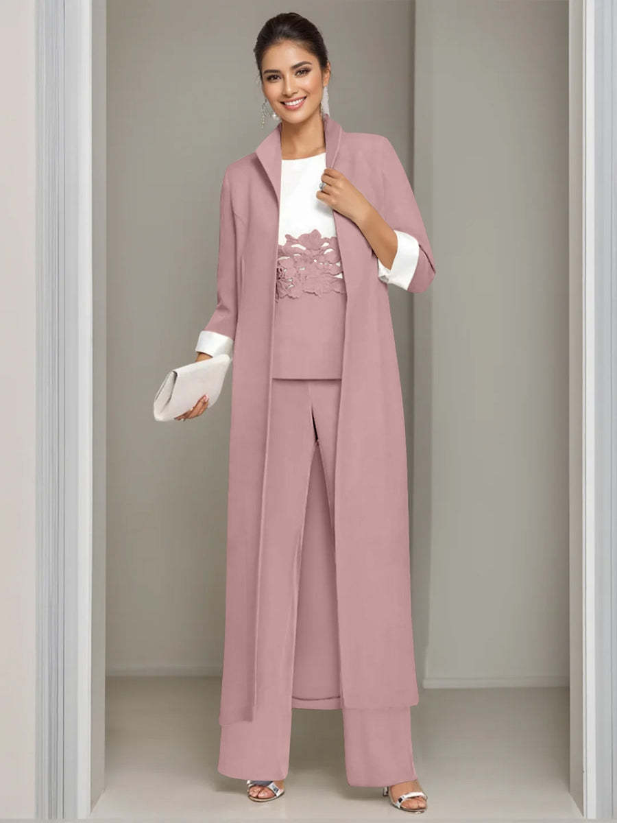Ankle-Length Mother of the Bride Pantsuits in 3 Pieces Featuring Square Neck Jacket & Lace Appliques
