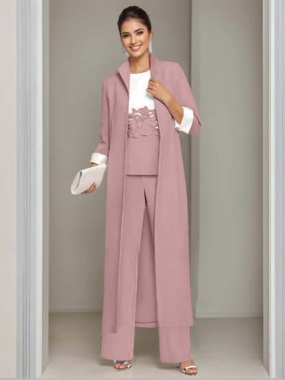 Ankle-Length Mother of the Bride Pantsuits in 3 Pieces Featuring Square Neck Jacket & Lace Appliques