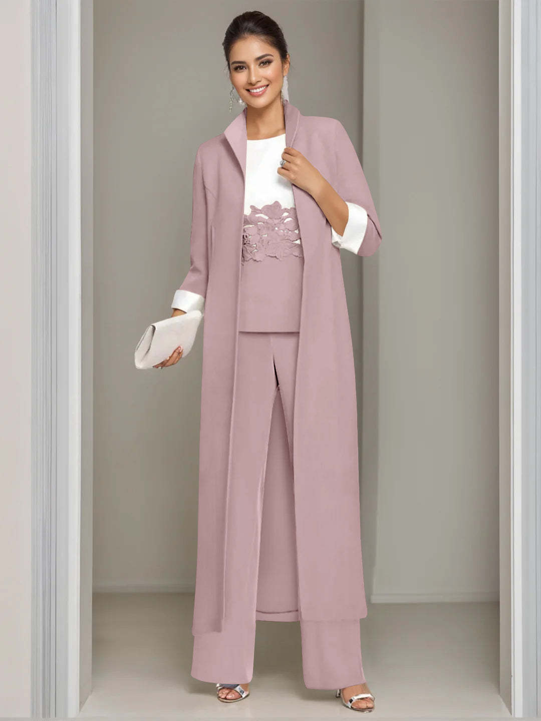 Ankle-Length Mother of the Bride Pantsuits in 3 Pieces Featuring Square Neck Jacket & Lace Appliques-BMbridal