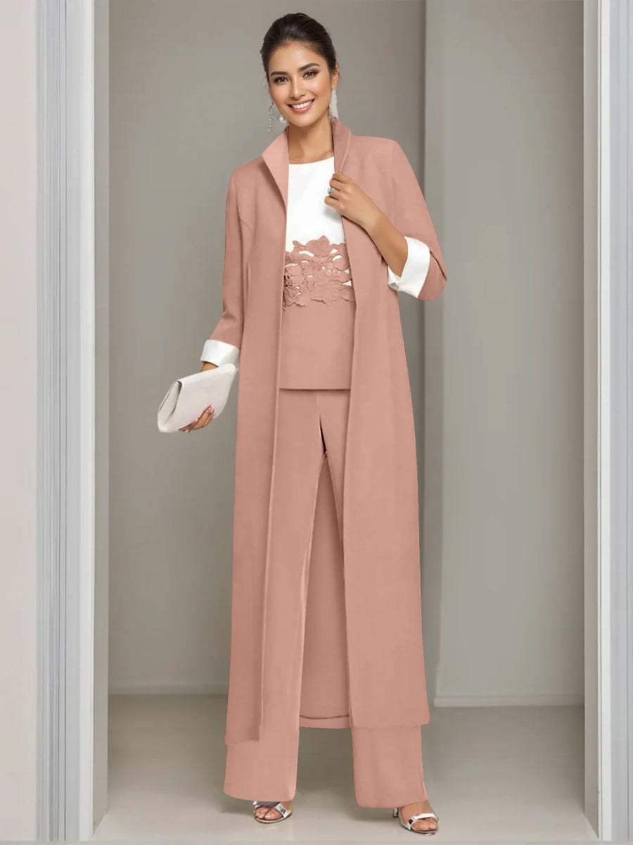 Ankle-Length Mother of the Bride Pantsuits in 3 Pieces Featuring Square Neck Jacket & Lace Appliques