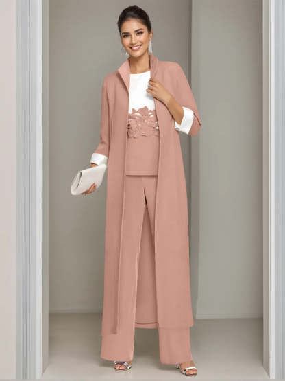 Ankle-Length Mother of the Bride Pantsuits in 3 Pieces Featuring Square Neck Jacket & Lace Appliques