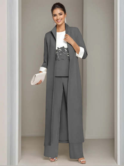 Ankle-Length Mother of the Bride Pantsuits in 3 Pieces Featuring Square Neck Jacket & Lace Appliques