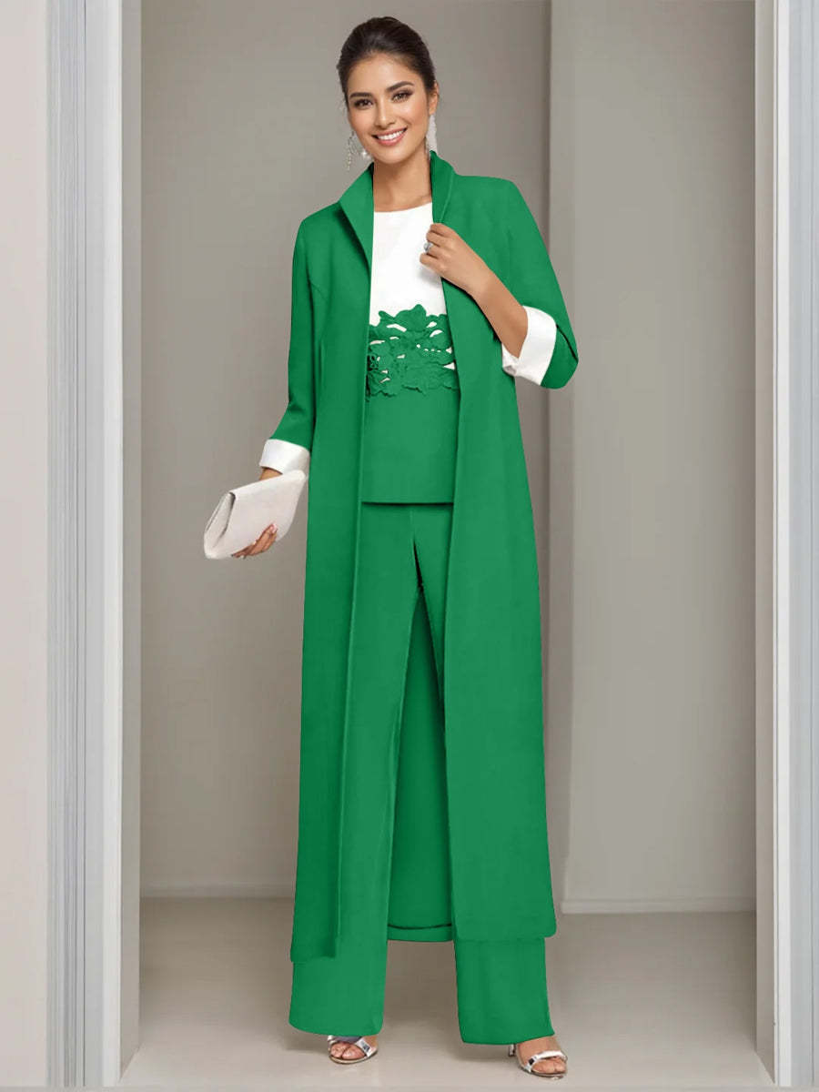 Ankle-Length Mother of the Bride Pantsuits in 3 Pieces Featuring Square Neck Jacket & Lace Appliques