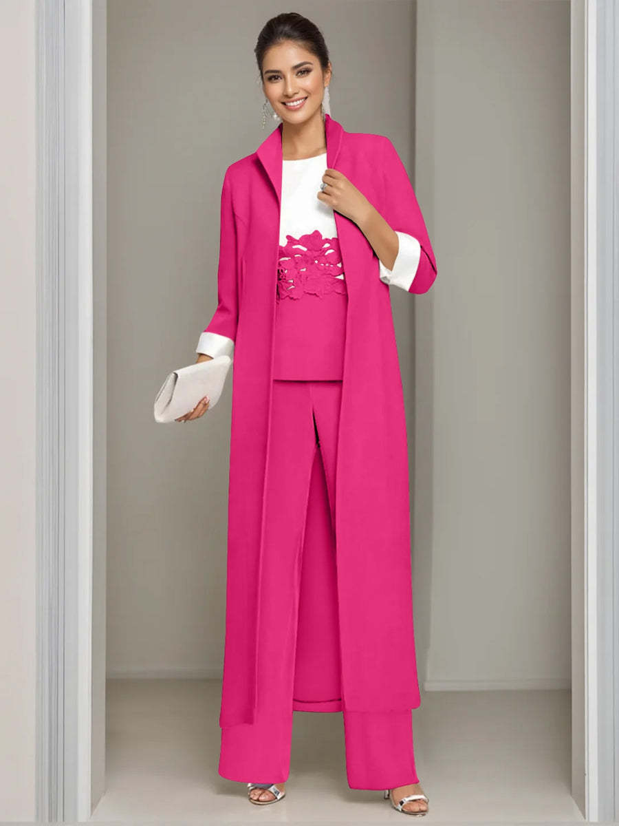 Ankle-Length Mother of the Bride Pantsuits in 3 Pieces Featuring Square Neck Jacket & Lace Appliques
