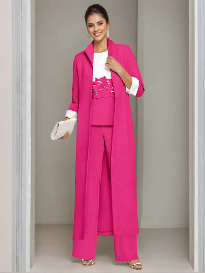 Ankle-Length Mother of the Bride Pantsuits in 3 Pieces Featuring Square Neck Jacket & Lace Appliques