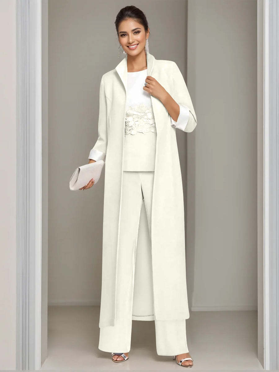Ankle-Length Mother of the Bride Pantsuits in 3 Pieces Featuring Square Neck Jacket & Lace Appliques