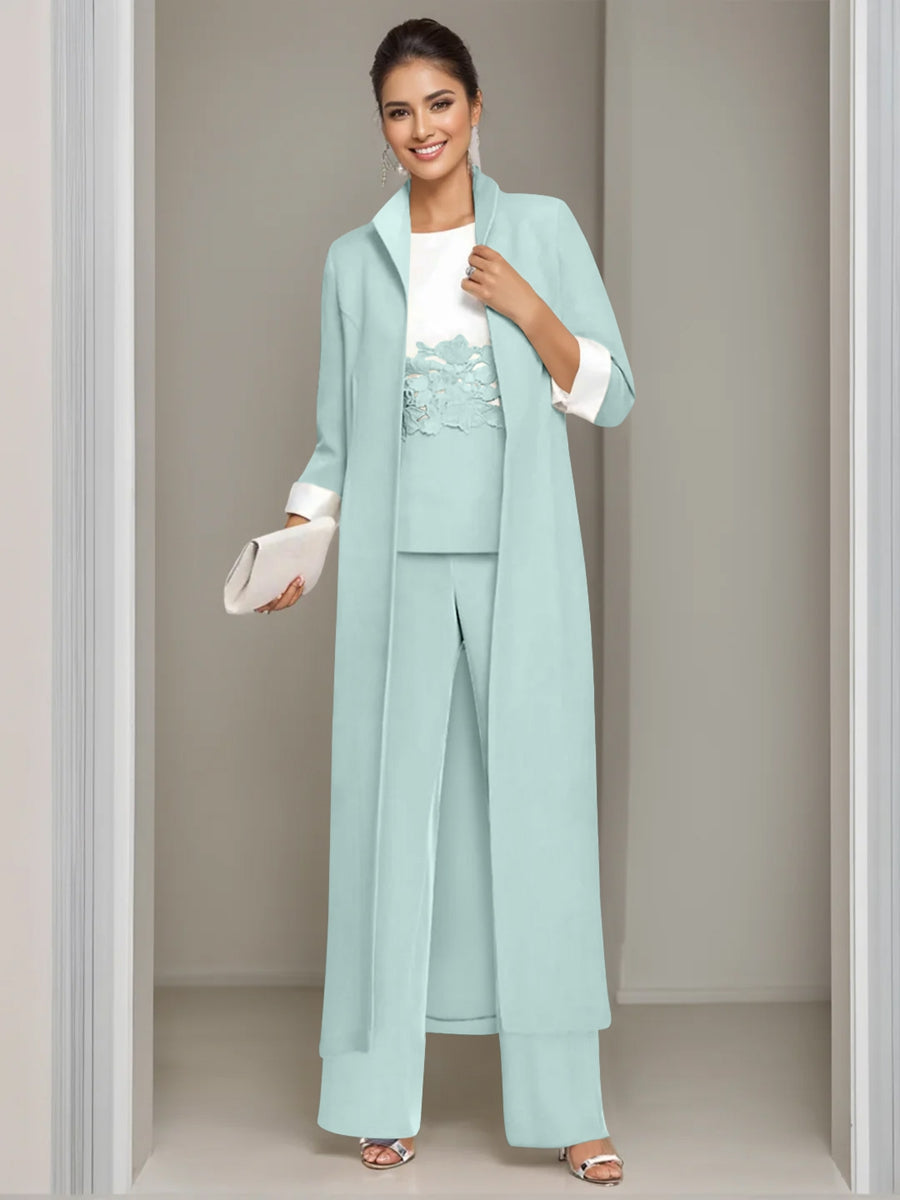 Ankle-Length Mother of the Bride Pantsuits in 3 Pieces Featuring Square Neck Jacket & Lace Appliques